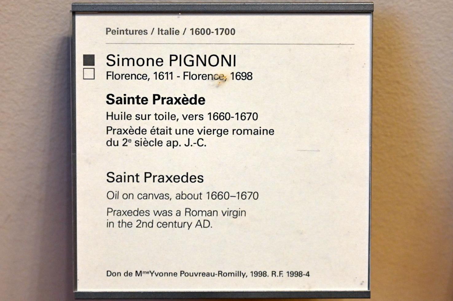 Simone Pignoni (1665), Heilige Praxedis, Paris, Musée du Louvre, Saal 729, um 1660–1670, Bild 2/2