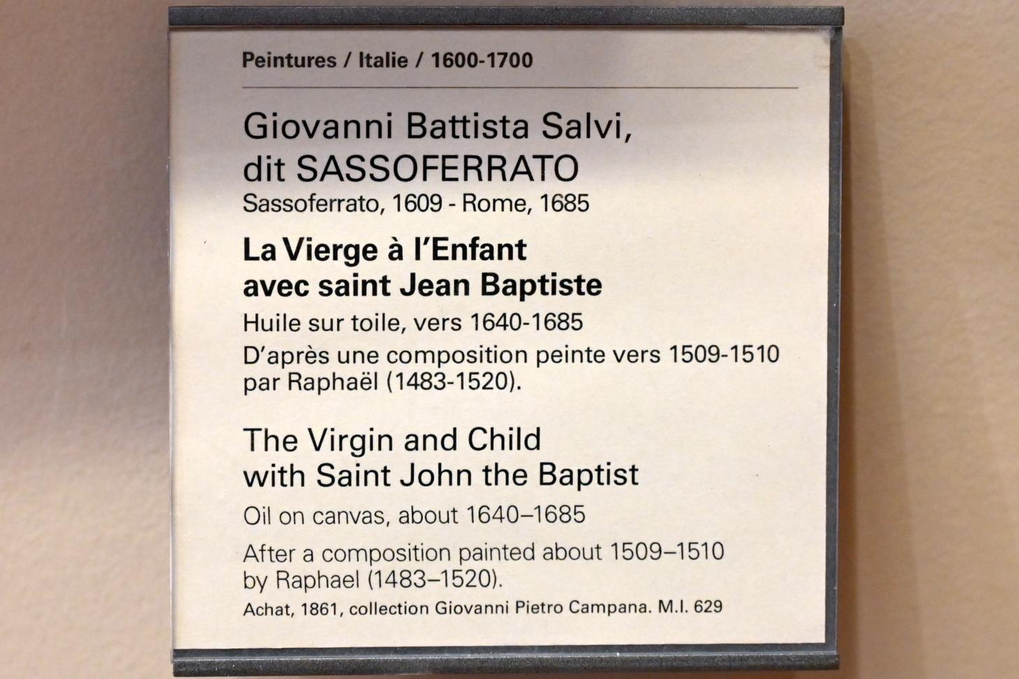 Giovanni Battista Salvi (Sassoferrato) (1638–1672), Die Jungfrau und das Kind mit dem Heiligen Johannes dem Täufer, Paris, Musée du Louvre, Saal 729, um 1640–1685, Bild 2/2
