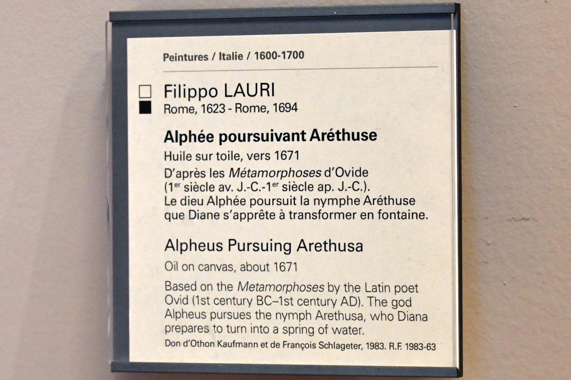 Filippo Lauri (1650–1671), Alpheios verfolgt Arethusa, Paris, Musée du Louvre, Saal 729, um 1671, Bild 2/2