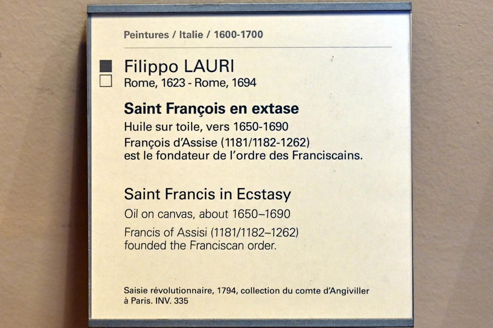 Filippo Lauri (1650–1671), Der heilige Franziskus in Ekstase, Paris, Musée du Louvre, Saal 729, um 1650–1690, Bild 2/2