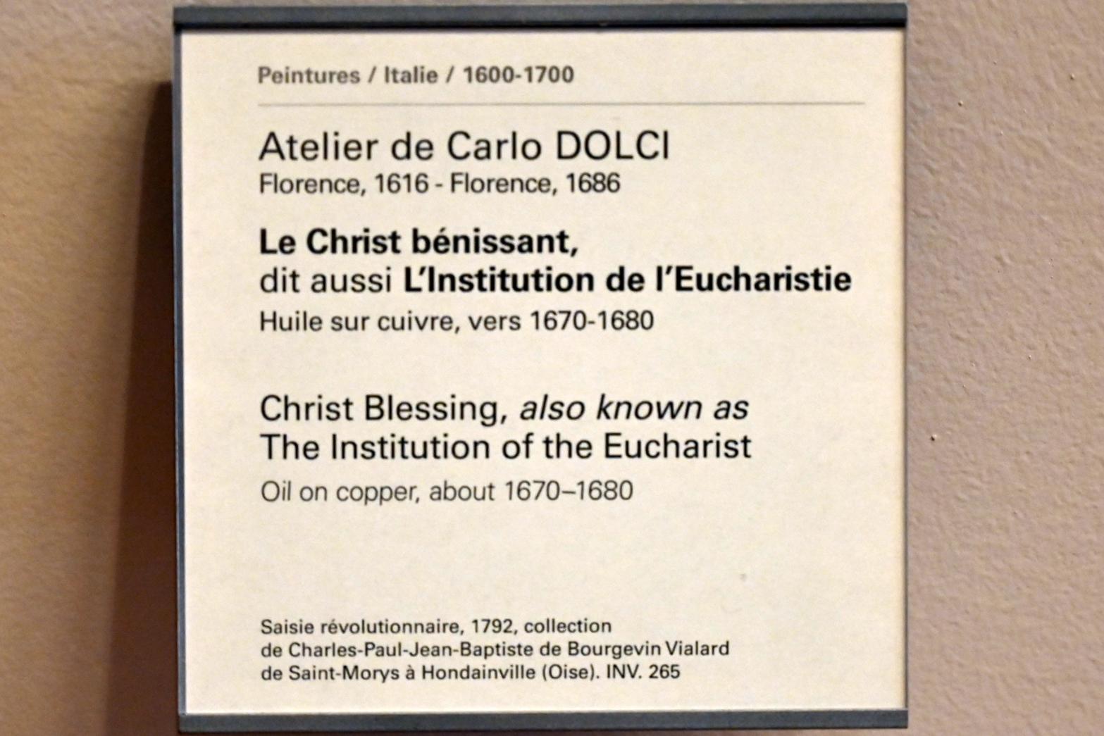 Carlo Dolci (Werkstatt) (1675), Der Segen Christi (Die Einsetzung der Eucharistie), Paris, Musée du Louvre, Saal 729, um 1670–1680, Bild 2/2