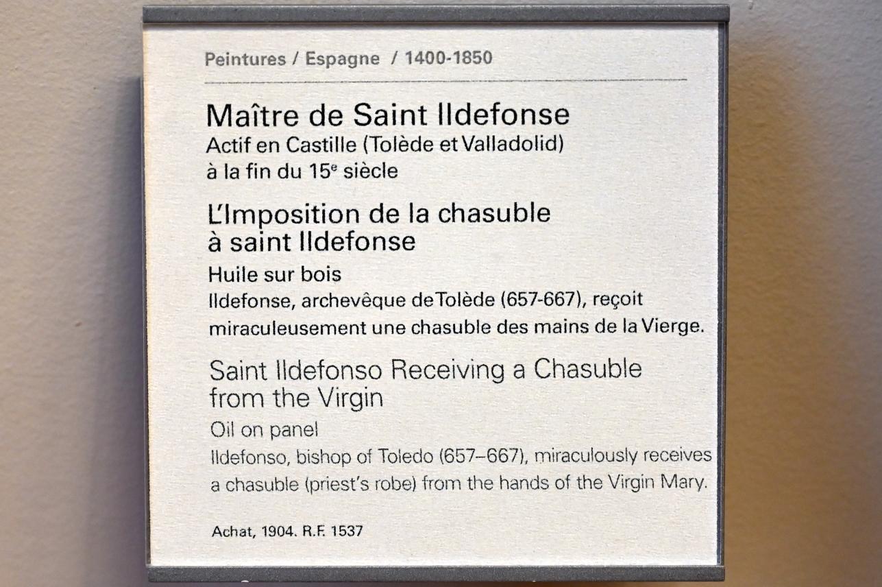 Meister des heiligen Ildefonso (1495), Der heilige Ildefonso erhält von der Jungfrau ein Messgewand, Paris, Musée du Louvre, Saal 731, Ende 15. Jhd., Bild 2/2