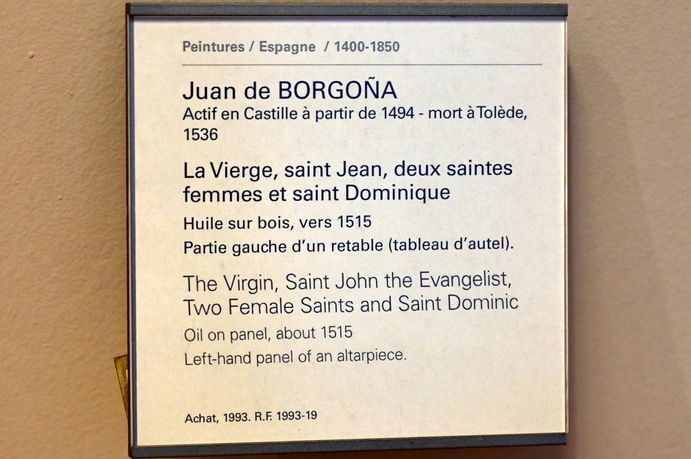 Juan de Borgoña (1515), Die Jungfrau, der heilige Johannes, zwei heilige Frauen und der heilige Dominikus, Paris, Musée du Louvre, Saal 731, um 1515, Bild 2/2