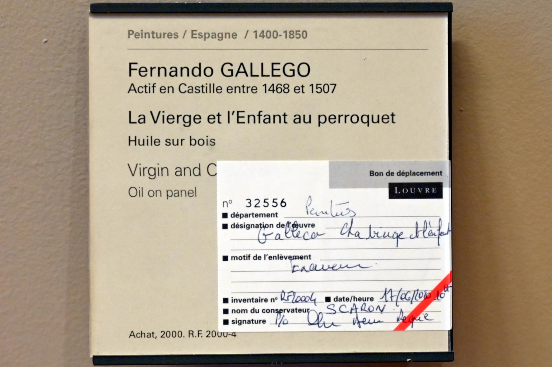 Fernando Gallego (Undatiert), Die Jungfrau und das Kind mit einem Papagei, Paris, Musée du Louvre, Saal 731, Undatiert