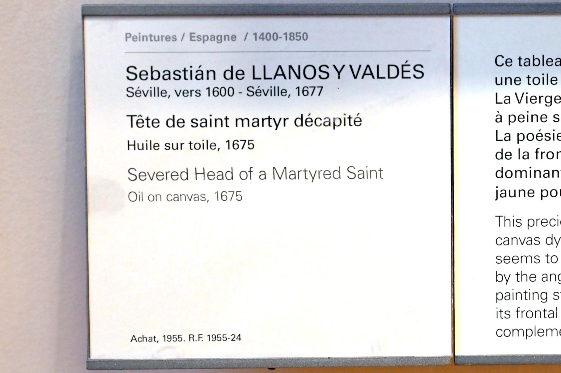 Sebastián de Llanos y Valdés (1675), Abgetrennter Kopf eines gemarterten Heiligen, Paris, Musée du Louvre, Saal 732, 1675, Bild 2/2