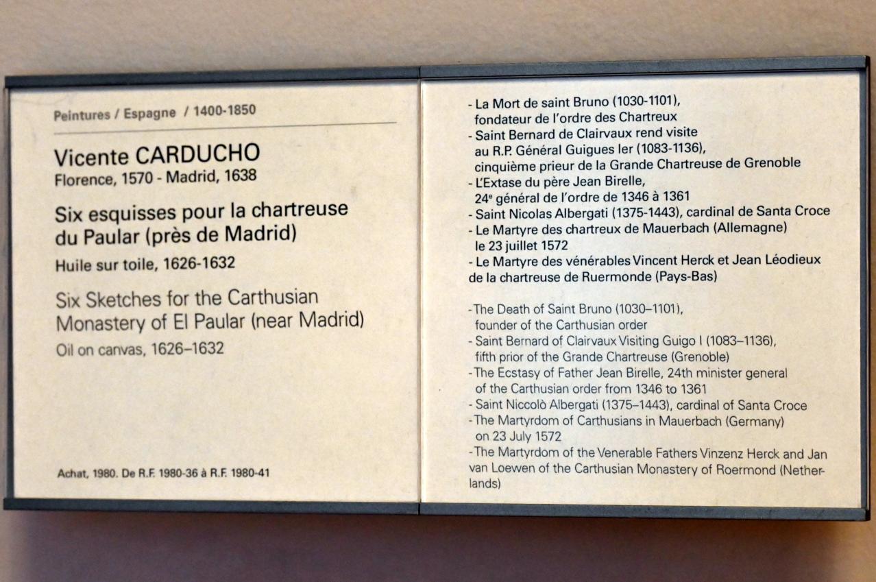 Vicente Carducho (1629), Sechs Skizzen für das Kartäuserkloster El Paular (bei Madrid), Rascafría, Kloster El Paular, jetzt Paris, Musée du Louvre, Saal 732, 1626–1632, Bild 8/8