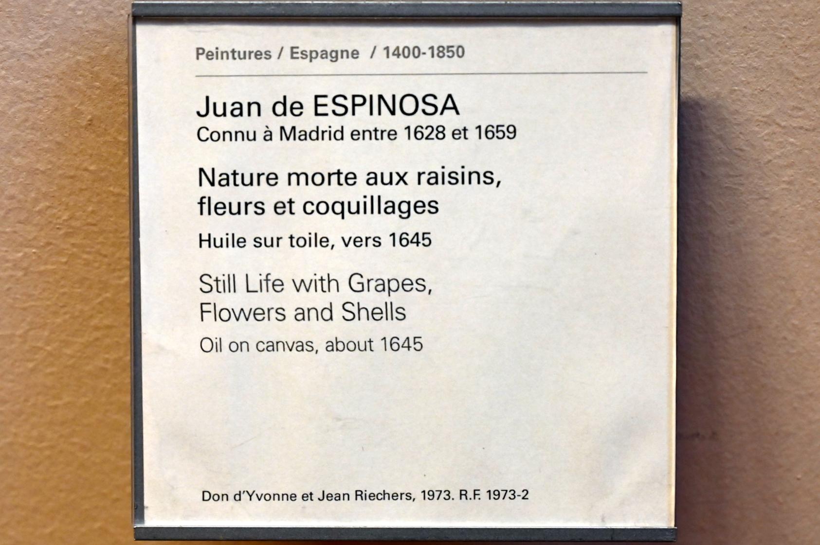 Juan de Espinosa (1645), Stillleben mit Trauben, Blumen und Muscheln, Paris, Musée du Louvre, Saal 733, um 1645, Bild 2/2