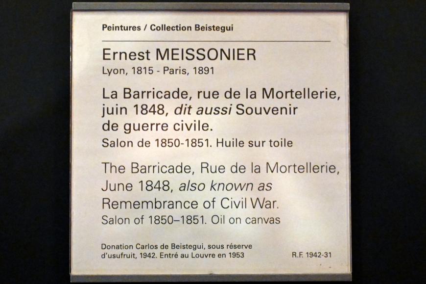 Ernest Meissonier (1849–1889), Die Barrikade, Rue de la Mortellerie, Juni 1848 (Erinnerung an den Bürgerkrieg), Paris, Musée du Louvre, Saal 714, vor 1850, Bild 2/2