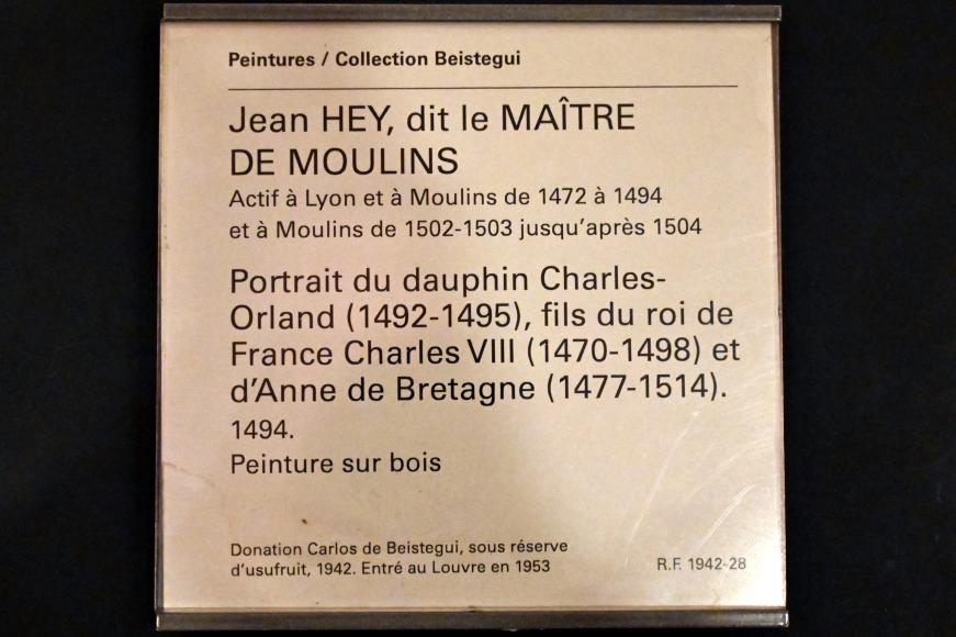 Jean Hey (Meister von Moulins) (1482–1494), Porträt des Dauphin Karl-Roland (1492–1495), Sohn von König Karl VIII. von Frankreich (1470–1498) und Anna von der Bretagne (1477–1514), Paris, Musée du Louvre, Saal 714, 1494, Bild 2/2