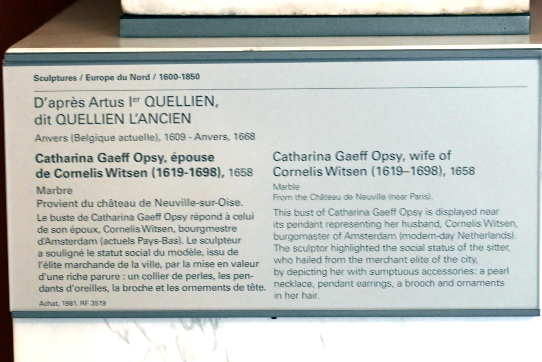 Artus Quellinus der Ältere (Umkreis) (1645–1659), Catharina Gaeff Opsy, Gemahlin von Comelis Witsen (1619-1698), Neuville-sur-Oise, Schloss, jetzt Paris, Musée du Louvre, Saal 401, 1658, Bild 2/2