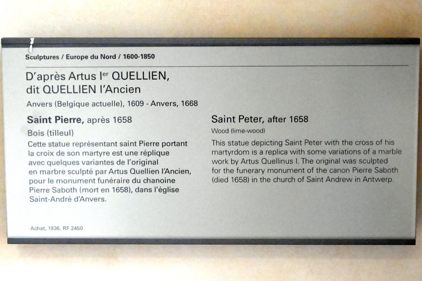 Artus Quellinus der Ältere (Umkreis) (1645–1659), Heiliger Petrus, Antwerpen, Kirche St. Andreas, jetzt Paris, Musée du Louvre, Saal 402, nach 1658, Bild 2/2
