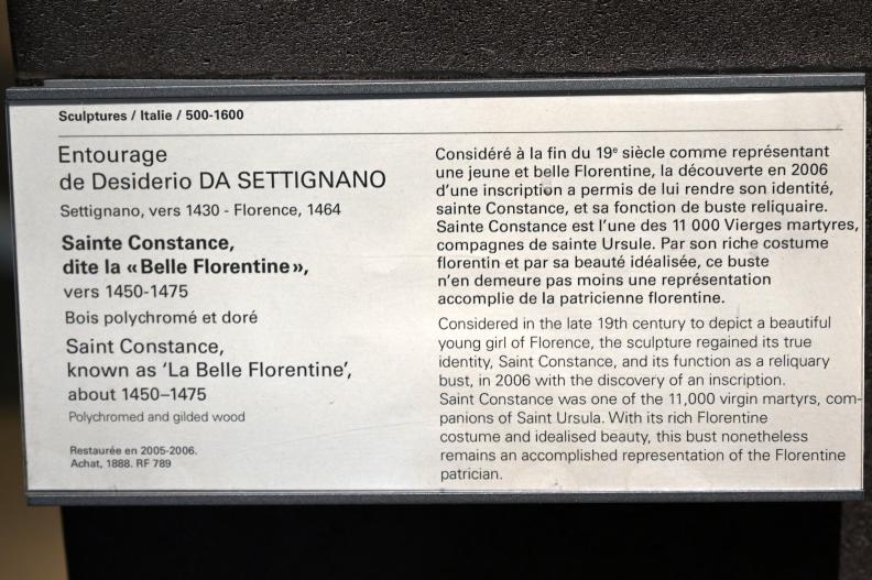 Desiderio da Settignano (Umkreis) (1452–1464), Heilige Konstanze (La Belle Florentine), Paris, Musée du Louvre, Saal 160, um 1450–1475, Bild 4/4