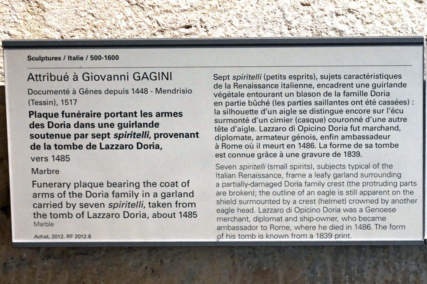 Giovanni Gaggini (Gagini) (1485), Grabtafel mit dem Wappen der Doria in einer von sieben Spiritelli getragenen Girlande aus dem Grab von Lazzaro Doria, Paris, Musée du Louvre, Saal 160, um 1485, Bild 2/3