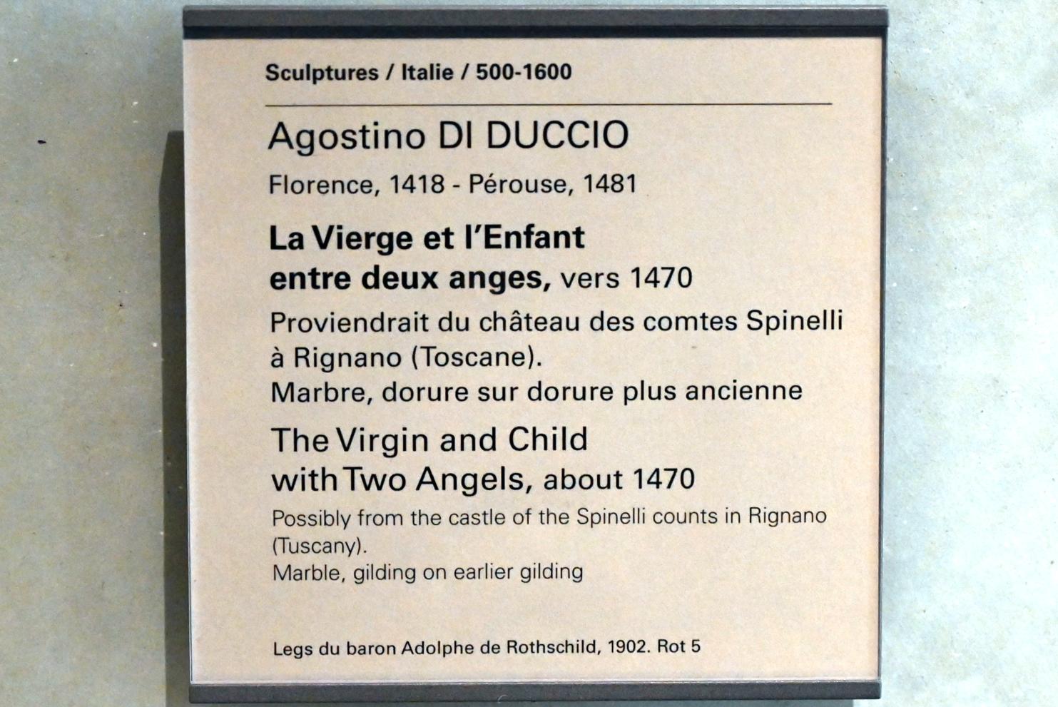 Agostino di Duccio (1446–1470), Maria mit Kind zwischen zwei Engeln, Rignano sull’Arno, Schloss Savelli, jetzt Paris, Musée du Louvre, Saal 160, um 1470, Bild 2/2