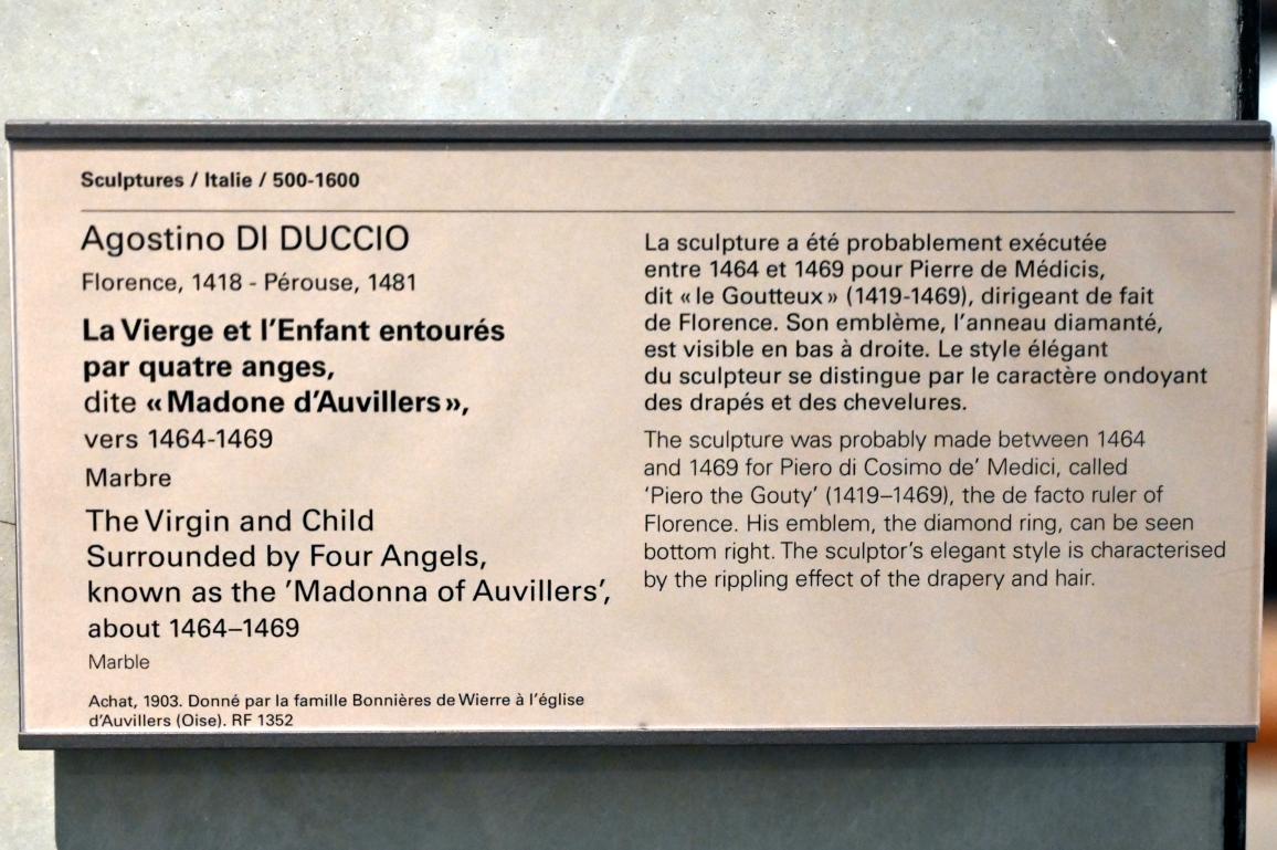 Agostino di Duccio (1446–1470), Maria mit Kind, umgeben von vier Engeln (Madonna von Auvillers), Paris, Musée du Louvre, Saal 160, um 1464–1469, Bild 2/2