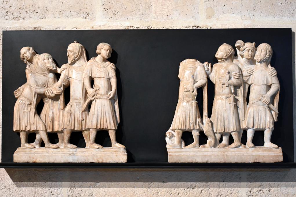 Zwei Figurengruppen in Zivilkostüm (Versöhnungsszene?), Paris, Musée du Louvre, Saal 160, um 1300–1350