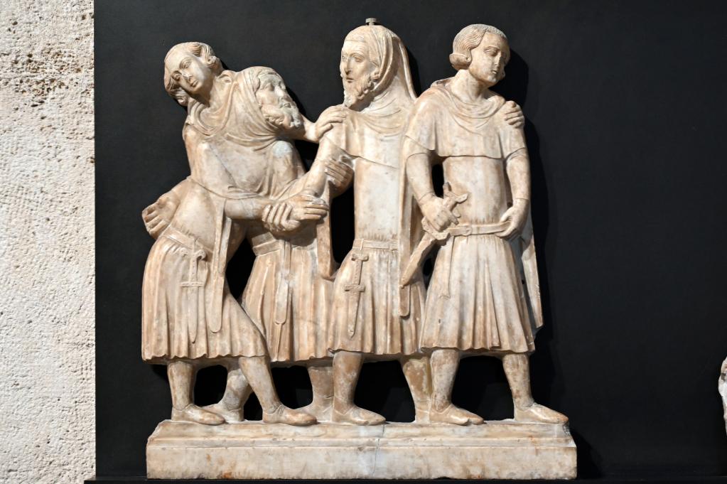 Zwei Figurengruppen in Zivilkostüm (Versöhnungsszene?), Paris, Musée du Louvre, Saal 160, um 1300–1350, Bild 2/4