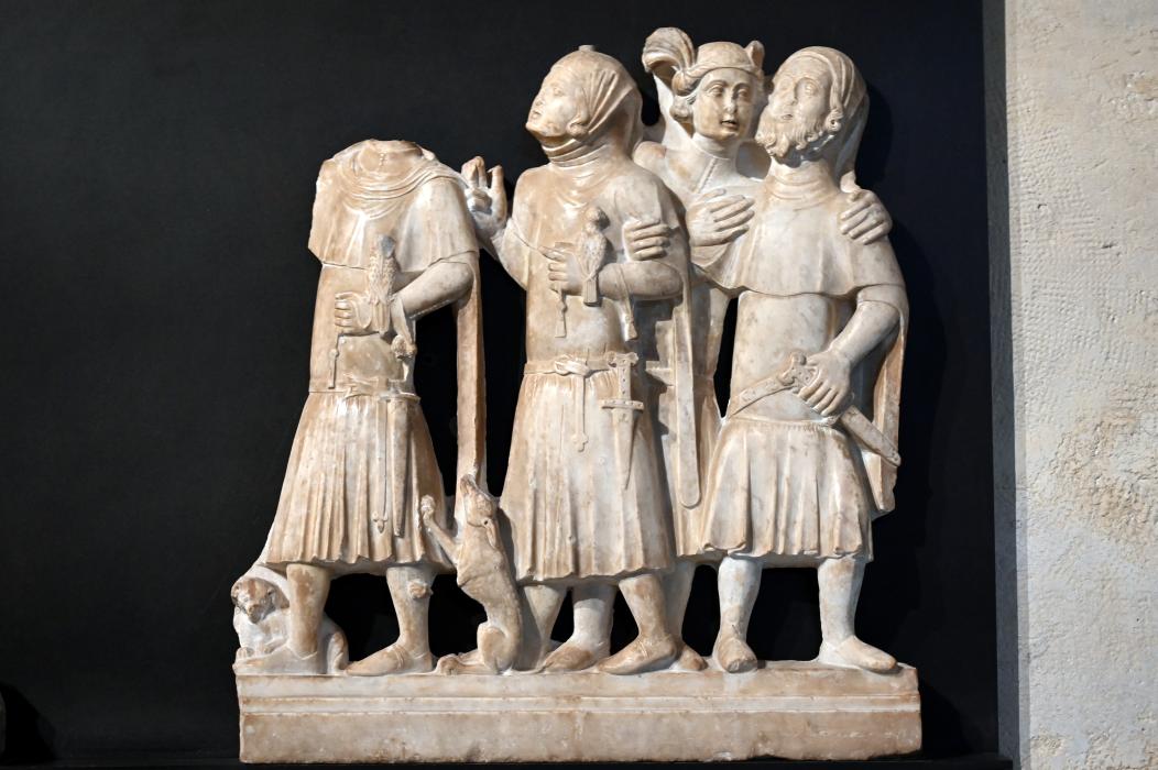 Zwei Figurengruppen in Zivilkostüm (Versöhnungsszene?), Paris, Musée du Louvre, Saal 160, um 1300–1350, Bild 3/4