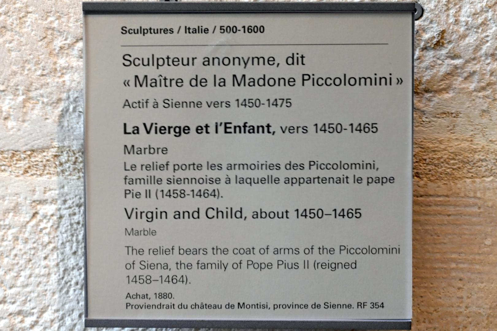 Meister der Piccolomini-Madonna (1457), Maria mit Kind, Montisi, Burg Montisi, jetzt Paris, Musée du Louvre, Saal 160, um 1450–1465, Bild 2/2
