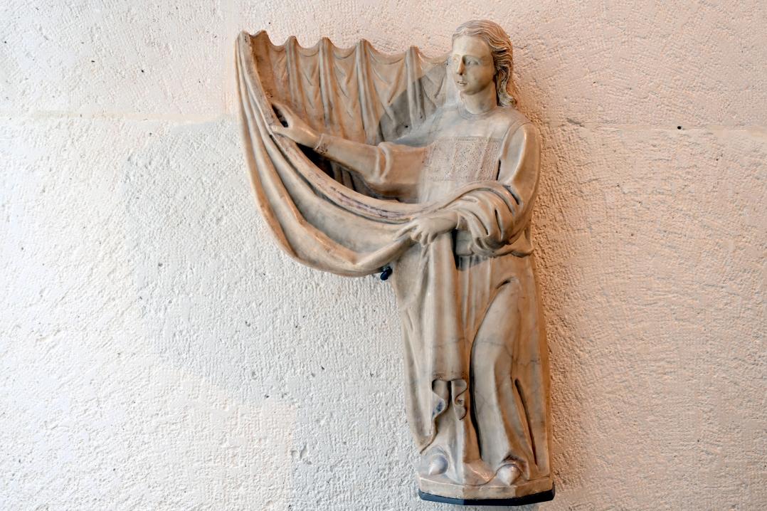 Ein Paar Engel, die als Diakone gekleidet sind und einen Vorhang heben, Paris, Musée du Louvre, Saal 160, um 1350, Bild 2/4