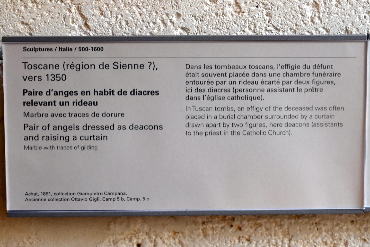 Ein Paar Engel, die als Diakone gekleidet sind und einen Vorhang heben, Paris, Musée du Louvre, Saal 160, um 1350, Bild 3/4