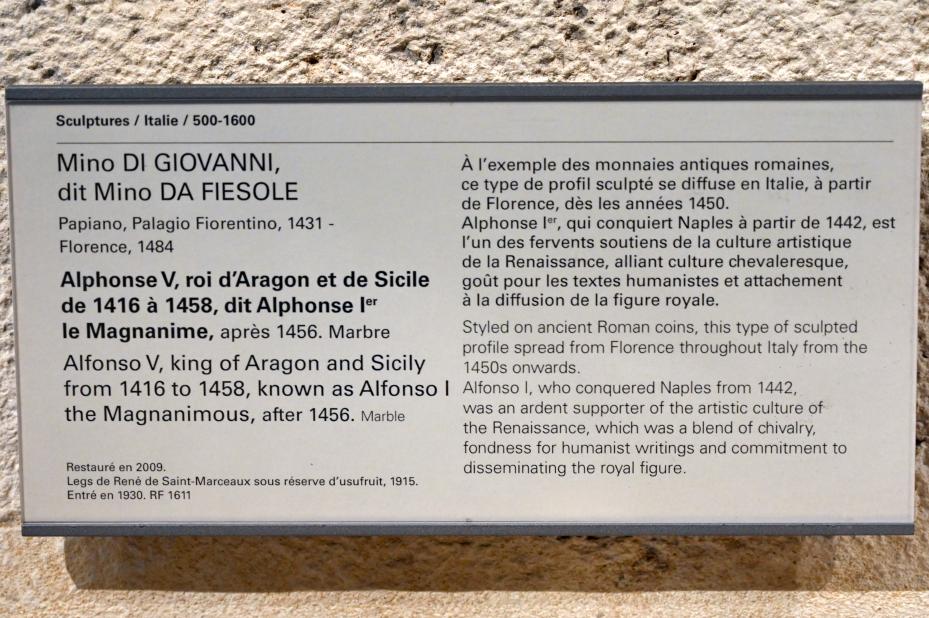 Mino da Fiesole (1454–1484), Alfons V., König von Aragon und Sizilien von 1416 bis 1458, bekannt als Alfonso I. der Großmütige, Paris, Musée du Louvre, Saal 160, nach 1456, Bild 2/2