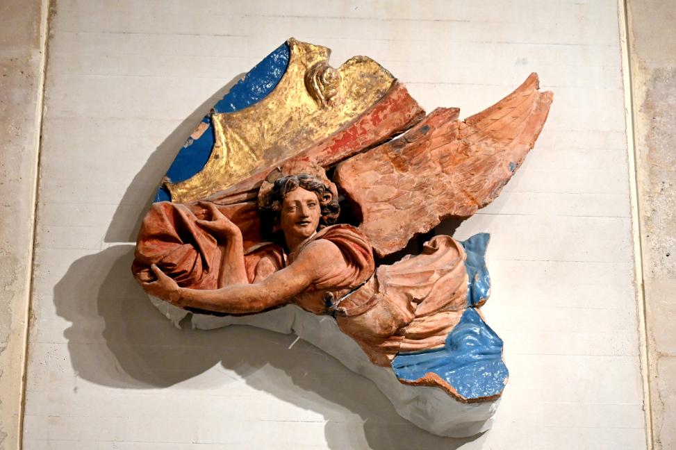 Marco della Robbia (1520–1525), Fliegender Engel, der einen Vorhang öffnet, Paris, Musée du Louvre, Saal 163, um 1520–1530