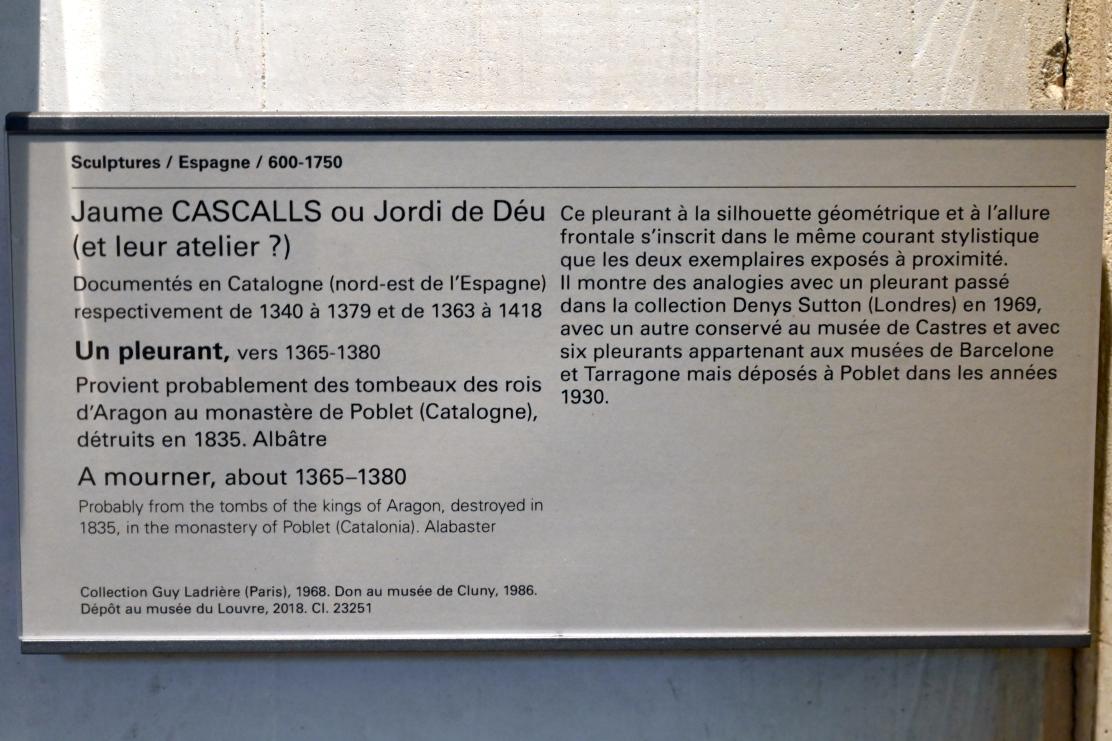 Jaume Cascalls (1378), Ein Trauernder, Vimbodí i Poblet, Monestir de Santa Maria de Poblet, jetzt Paris, Musée du Louvre, Saal 164, um 1365–1380, Bild 2/2