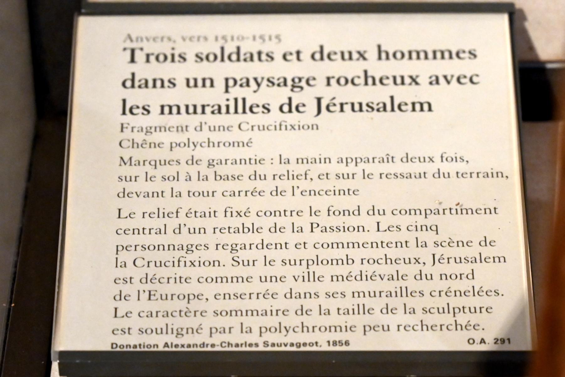 Drei Soldaten und zwei Männer in einer felsigen Landschaft mit den Mauern Jerusalems, Paris, Musée du Louvre, Saal 169, um 1510–1515, Bild 2/2