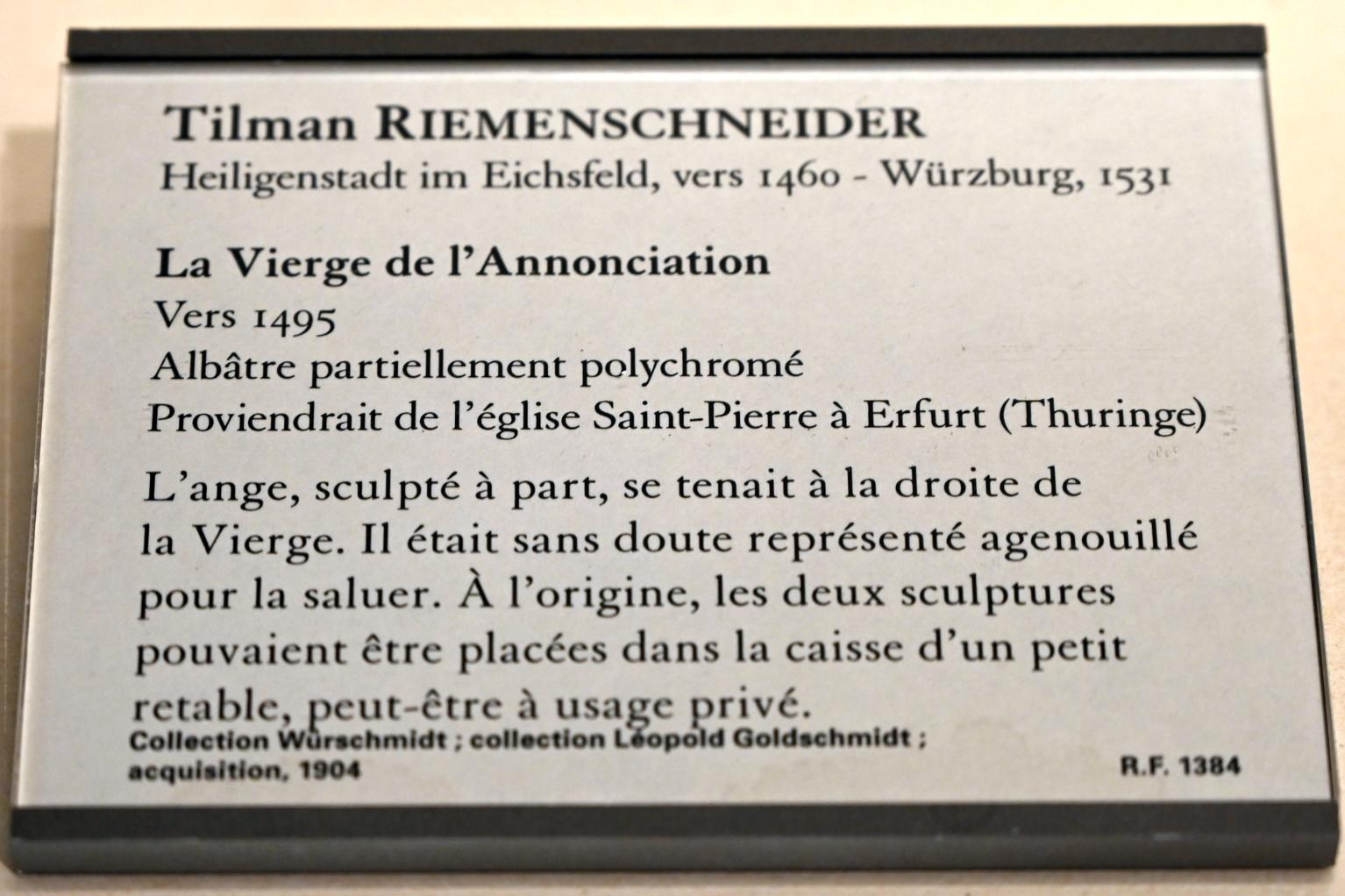 Tilman Riemenschneider (1487–1523), Maria aus einer Verkündigung, Erfurt, ehem. Benediktinerkloster St. Peter und Paul, jetzt Paris, Musée du Louvre, Saal 169, um 1495, Bild 2/2