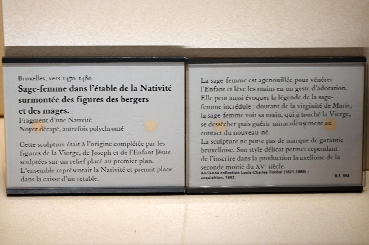 Hebamme im Stall der Geburt Christi, darüber die Figuren der Hirten und Magier, Paris, Musée du Louvre, Saal 169, um 1470–1480, Bild 2/2