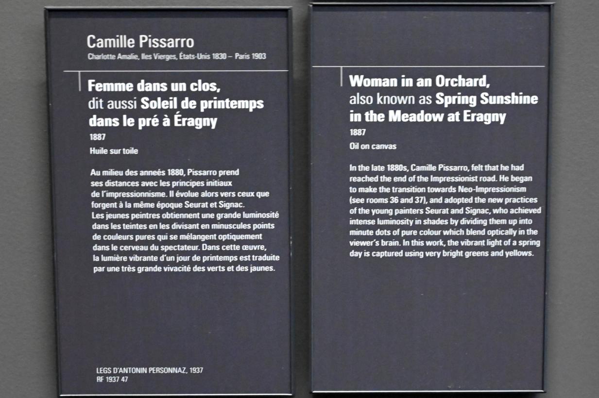 Camille Pissarro (1863–1903), Frau in einem Obstgarten (Frühlingssonnenschein auf der Wiese bei Eragny), Paris, Musée d’Orsay, 1887, Bild 2/2