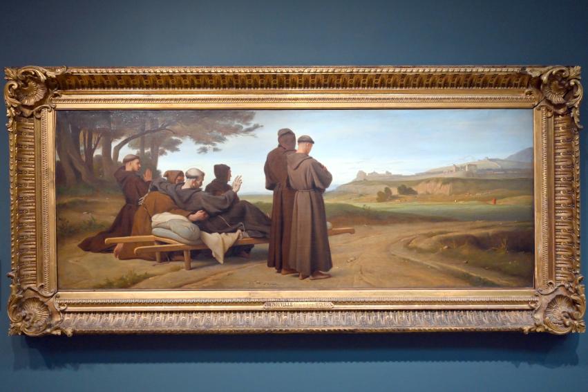 Léon Benouville (1853–1855), Der im Sterben liegende heilige Franziskus von Assisi segnet während seiner Überführung nach Sainte-Marie-des-Anges die Stadt Assisi, Paris, Musée d’Orsay, 1853