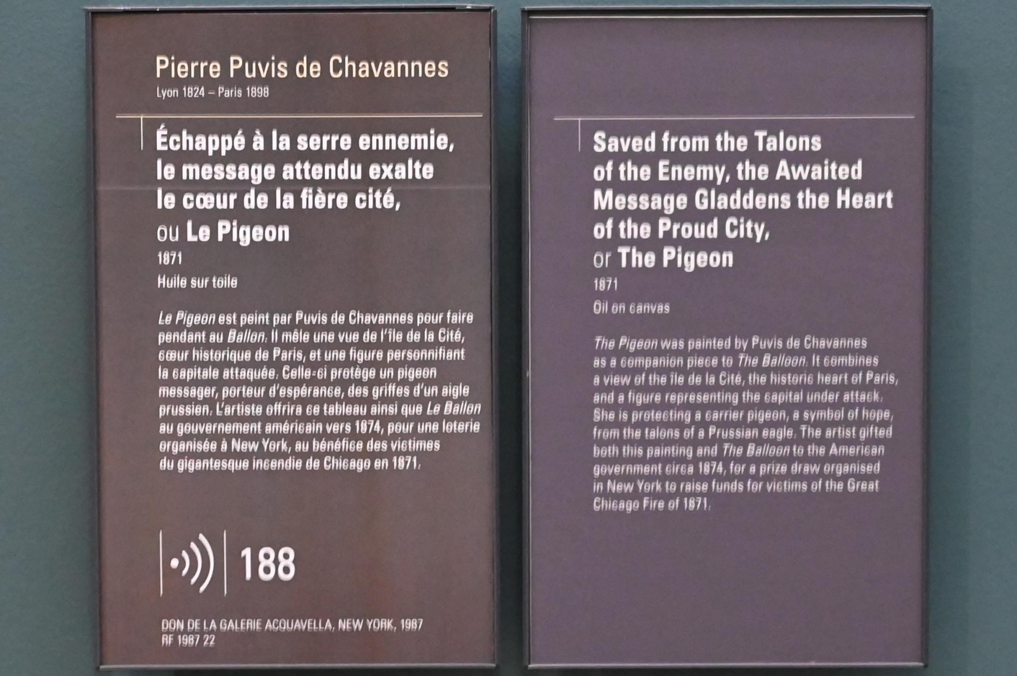 Pierre Puvis de Chavannes (1850–1891), Vor den Krallen des Feindes gerettet, erfreut die erwartete Botschaft das Herz der stolzen Stadt (Die Taube), Paris, Musée d’Orsay, 1871, Bild 2/2